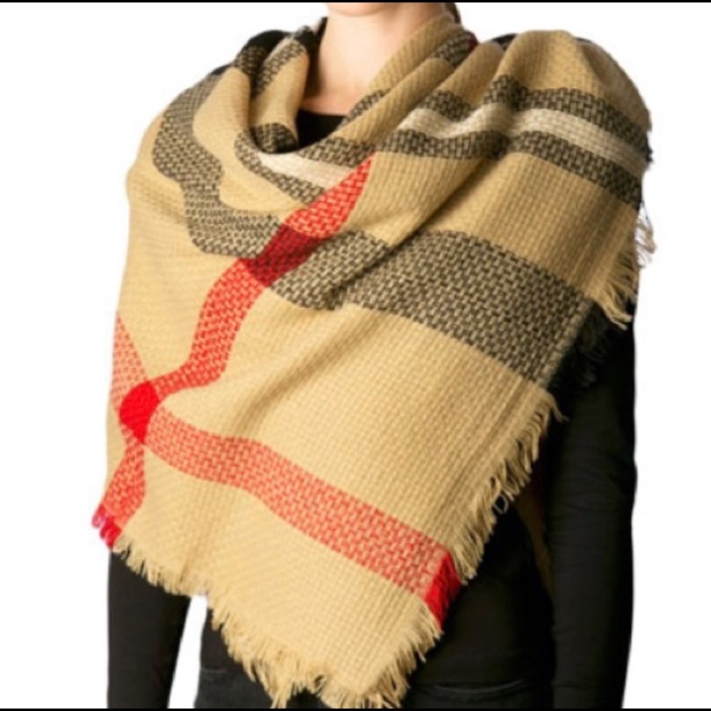 Soft Plaid Blanket Beige Tan Square scarf NWT